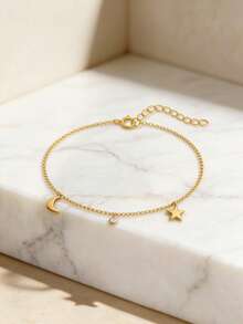 EleRunis 1 chiếc vòng đeo mắt cá chân bằng bạc sterling 925 mỏng manh, nhiều lớp, hình ngôi sao và mặt trăng, phong cách Boho, trang sức mùa hè kiểu Hawaii dành cho nữ và các cô gái yêu thích đi biển. - Vàng - Xem 8