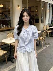 Blue Lace-up Tie Shirt