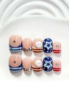 10Pcs Playful And Cute Style Handmade Nail Art Set,Unghie Press On,Buttons, Stars Nail Art Accessories,Stripes, Polka Dots Nail Art Decorations,Blue, Red And Pink Nail Polish,Dreamy Girly Style,Comes With Nail Tools(1 Sheets Jelly Stickers+1PC Nail File)3 Sizes Available,Square Nails, Short Square Nails,Almond Nails,Suitable For Reunion,Daily,Party,Photograph,Play,Spring Summer,Commute Supplies Nails - 彩色 - 查看 15