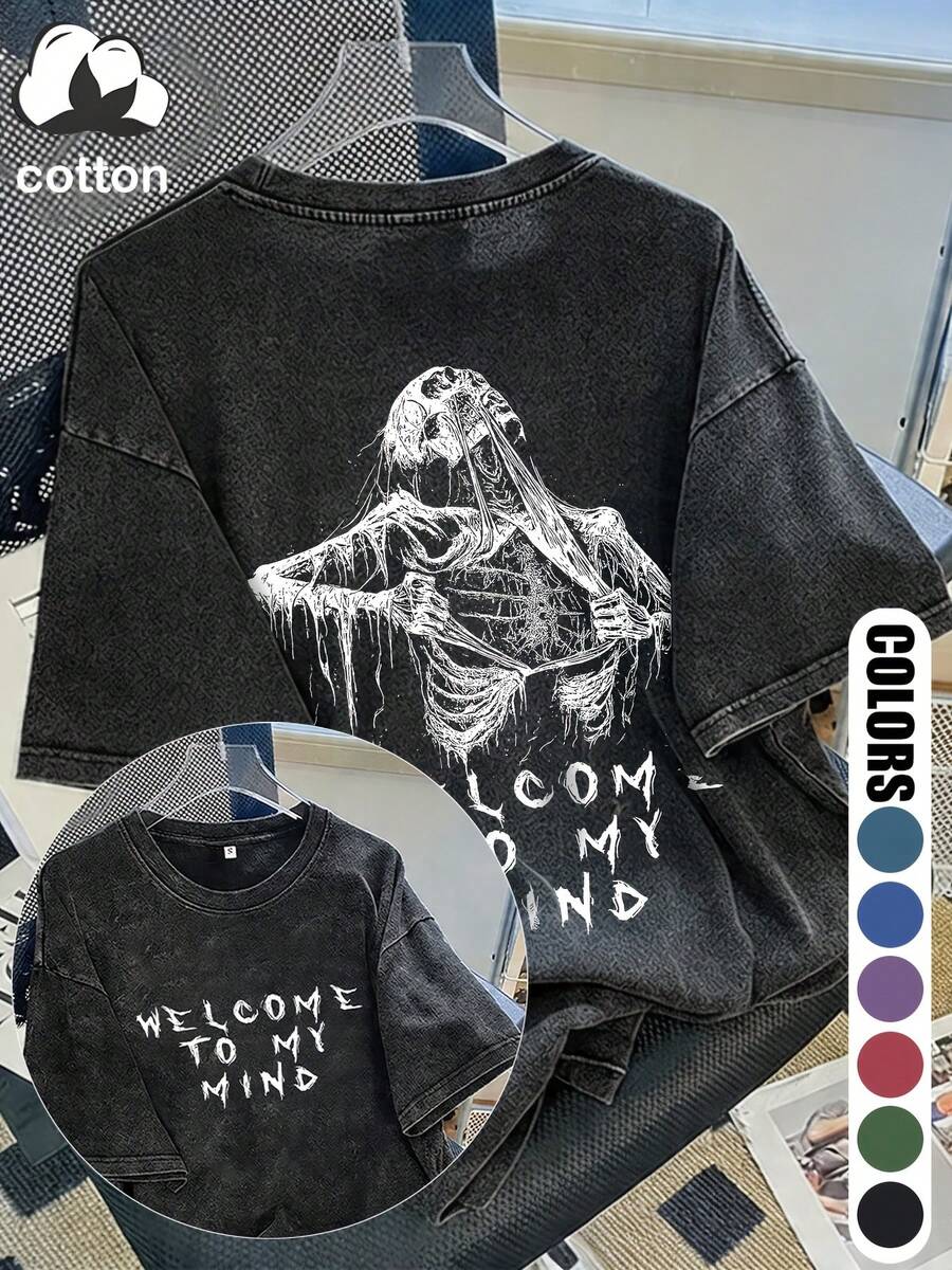 Women's Soft Cotton T-Shirt With A Cool "WELCOME TO MY MIND" Skull Print, Vintage Washed Casual Round-Neck Short-Sleeve Tee, Suitable For Daily Wear In All Seasons - 黑色 - 查看 1