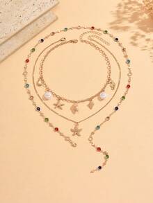 3pcs/Set Kalung Kristal Warna-warni, Kalung Liontin Makhluk Laut Mutiara Imitasi Berlapis-lapis, Dekorasi Serbaguna untuk Pemakaian Sehari-hari, Liburan, dan Fotografi. Panjang Rantai dan Warna Kristal Buatan Tangan Bervariasi Secara Acak. - MultiWarna - View 2