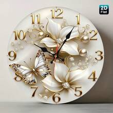10inch ,White Flowers And Butterflies With Gold Accents And Pearls Nursery Wall Clock -- An Elegant Wooden Craft Suitable For The Living Room, Bedroom, Bathroom, And Boutique. A Romantic 2D Flat Single-Piece Decoration - 1pcs/10in/25cm - View 2