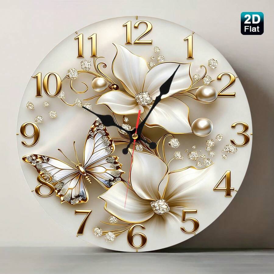 10inch ,White Flowers And Butterflies With Gold Accents And Pearls Nursery Wall Clock -- An Elegant Wooden Craft Suitable For The Living Room, Bedroom, Bathroom, And Boutique. A Romantic 2D Flat Single-Piece Decoration