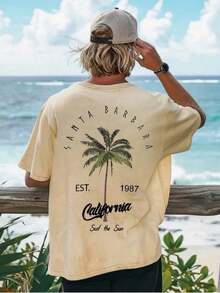 Coastal | New Men's Summer T-Shirt With Coconut Tree And Letter Print, Short Sleeve, Crew Neck, Casual Holiday Wear, 100% Cotton - 杏子 2 - 查看 2