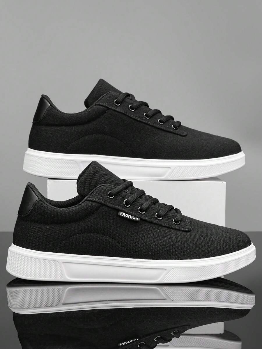 Sepatu Skate Kanvas Patchwork Warna Solid Retro Pria, Ringan & Tahan Lama, Kontras Hitam & Putih, Serbaguna untuk Aktivitas Luar Ruangan, Perjalanan, dan Olahraga