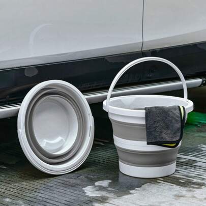 1 xô gấp gọn 10L/2.64 gallon có tay cầm, chậu tròn gấp đa năng, bền bỉ, tiết kiệm không gian, dùng ngoài trời để vệ sinh, làm vườn, câu cá, cắm trại, màu xám và trắng.