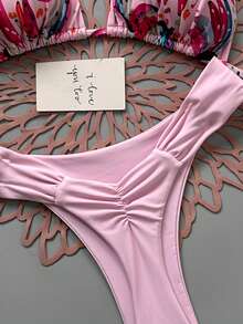 Women's Casual Ruched Bikini Set, Fruit Print Triangle Top With Ruched Pink Bottoms, Medium Stretch Swimwear Vacation Beach Summer - Pink - View 3