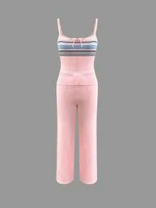 女款春夏修身簡約休閒前領繫帶鈕扣結飾條紋針織上衣搭配腰帶鬆緊針織長褲度假套裝 - 淺粉色 - 查看 7