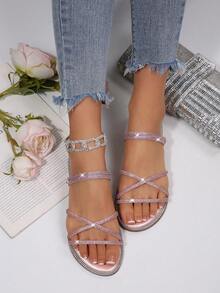 Sandal đế bệt kiểu dáng tối giản, nhẹ nhàng, mũi tròn, quai chéo, màu trơn, đính đá pha lê, thích hợp cho nữ mùa hè, phù hợp với váy, kiểu dáng cổ tích, có thể mang theo hai kiểu. - Màu Hồng baby - Xem 2