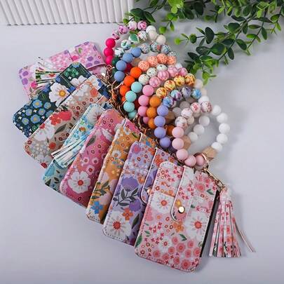 [Floral Charm] Floral Beaded Wristlet Keychain Wallet Coin Purse With Tassel, Colorful Card Holder & Key Ring For Women, Perfect Gift For Mom Or Friends, Decorative Wallet | Playful Keychain | Vibrant Colors, Purse Charms