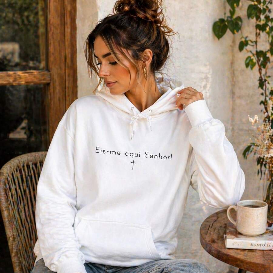 Women's Minimalist Kangaroo Hoodie "Here I Am, Lord" - 白色 - 查看 1
