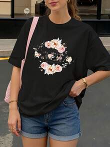 Camiseta negra con estampado floral y texto para mujer estilo casual verano - Negro - Ver 1