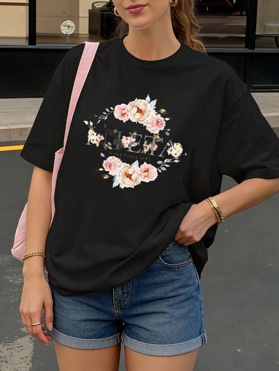 Camiseta negra con estampado floral y texto para mujer estilo casual verano - Negro - Ver 1