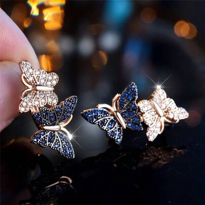 Vanel 1Pair Elegant Golden Minimalist Earrings, Sparkling Two-Tone Butterfly CZ Design, Fashion Jewelry For Women For Daily Wear & Evening Events