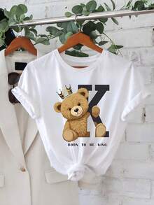 Camiseta Blanca con Oso y Corona K Born to be King para Mujer Casual - Blanco - Ver 2