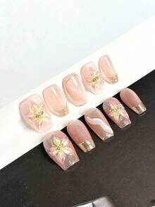 10 pièces Stickers pour ongles français à base semi-transparente rose nude avec cadre doré, décoration florale rose peinte à la main avec strass et ligne métallique, élégants et luxueux, réutilisables. Comprend 1 pièce autocollant adhésif, 1 pièce bâtonnet en bois, 1 pièce lime à ongles. Convient pour le port quotidien ou les fêtes. - Multicolore - Voir 3