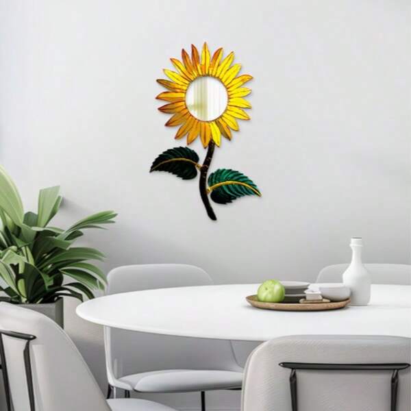 1 pièce Décoration murale en métal thème tournesol avec miroir suspendu, design à la mode, miroir en acrylique, surface de miroir élégante, idéal comme cadeau de Noël, parfait pour décorer la maison, le bureau, le salon et la chambre à coucher