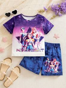 Conjunto de 2 piezas estiloso de degradado púrpura para niñas jóvenes, con parte superior estampada de dibujos animados y shorts estampados, adecuado para actividades diarias, escuela, salidas de fin de semana, fiestas, festivales de música y sesiones de fotos en primavera/verano - Morado - Ver 2