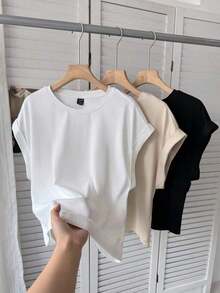 Set de 3 camisetas básicas de manga corta de unicolor, tops casuales, tops básicos para salir, tops de aeropuerto para mujer, tops de streetwear, tops de verano para mujer, 3 piezas, tops cortos, tops para mujer, camisetas para mujer, tops para - Multicolor 5 - Ver 3