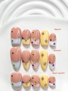 10Pcs Sweet And Edgy Girl Style Handmade Press On Nail,Polygel Nail Set,Colored Diamonds,Yellow, Blue,Pink And White Nail Polish,Fresh Summer Style,Includes Nail Tools,3 Sizes Available,Square,Short Square,Almond,Nails For Party,Dance,Daily Wear. - 彩色 - 查看 1