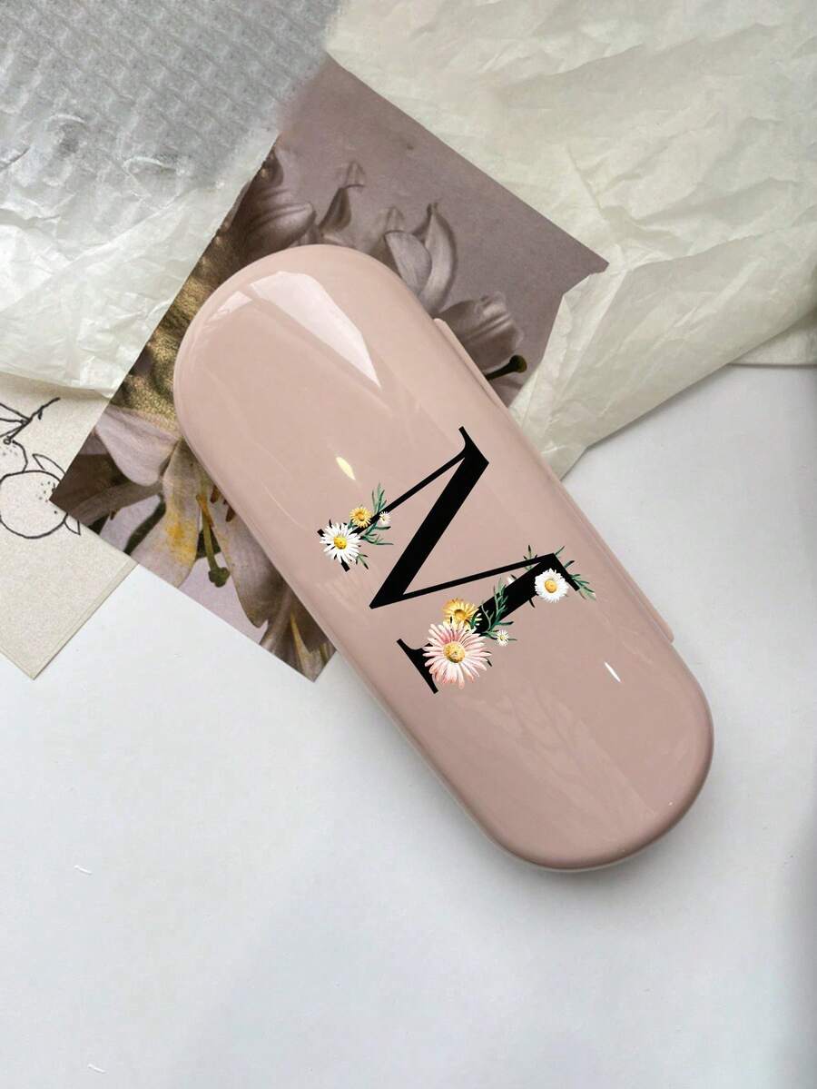 Hard Eyeglass Case With A-Z Letter & Pink Daisy Flower Print, Portable Protective Eyewear Case, Waterproof Dustproof Glasses Storage Box, Suitable For Students Daily Use, Mother's Day Gift, Fits Regular Glasses And Fashion Glasses - Multicolor - View 1