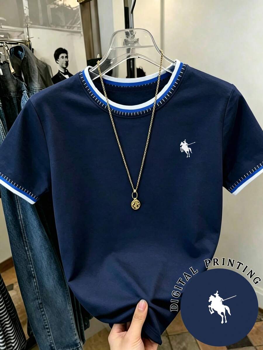 Bộ trang phục công sở/đi làm cổ điển màu xanh navy dành cho nữ, phối cùng logo ngựa tương phản, áo thun ngắn tay cổ tròn tối giản cho nữ mặc hàng ngày mùa hè - Màu xám đen - Xem 1