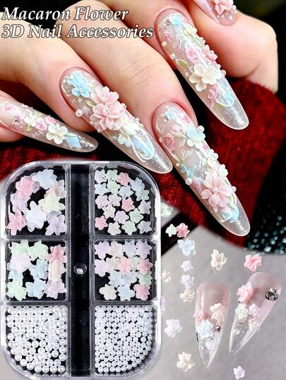 6-Compartment 3D Flower Nail Art Decorations, Featuring Macaron Color Petals In Mixed Sizes With Pearl Accents. Easily Create Adorable Spring/Summer Nail Designs. Suitable For Nail Salons And DIY Home Manicure.