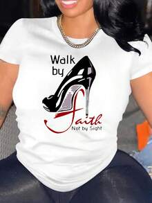 Camiseta con Estampado "Walk By Faith", Color Sólido, Manga Corta, Cuello Redondo, Estilo Casual, Adecuada para Todas las Temporadas, Ropa de Mujer - Blanco - Ver 1