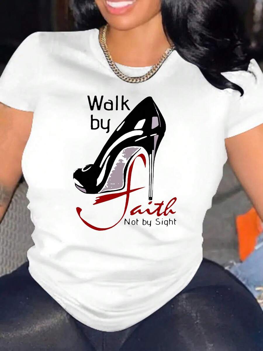 Camiseta con Estampado "Walk By Faith", Color Sólido, Manga Corta, Cuello Redondo, Estilo Casual, Adecuada para Todas las Temporadas, Ropa de Mujer - Blanco - Ver 1