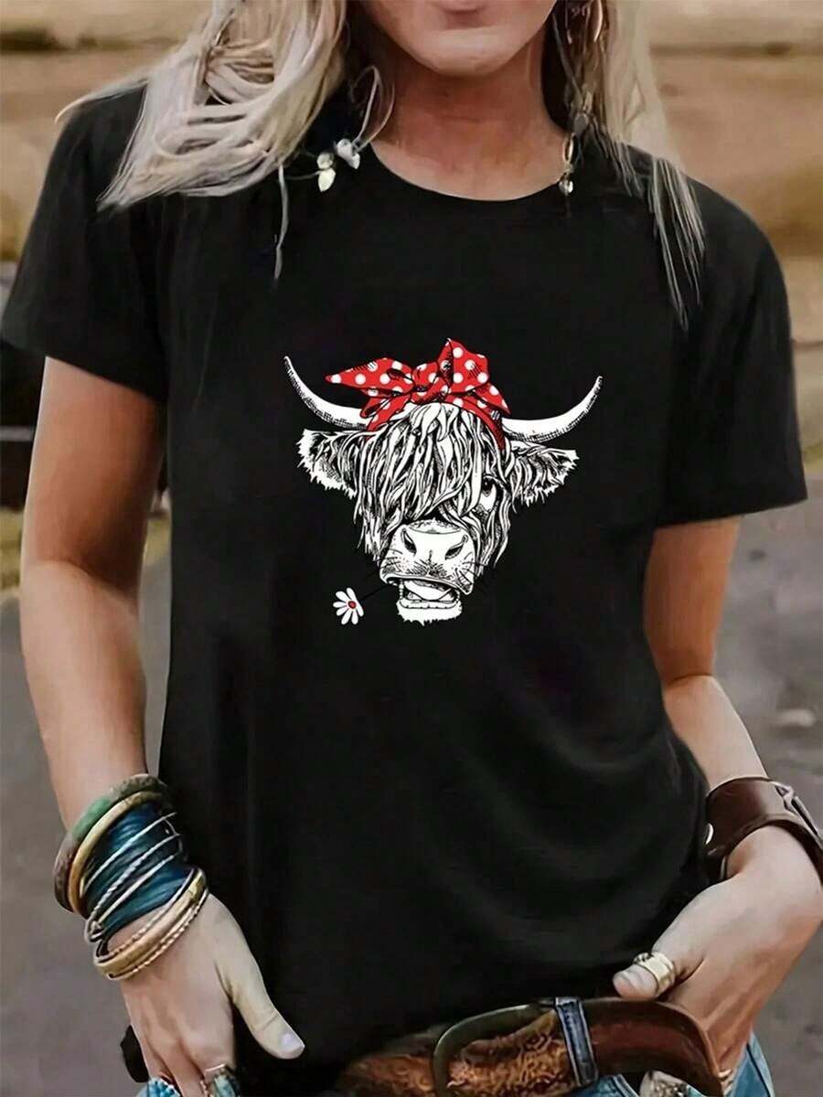 100% cotton Camiseta estampada de vaca divertida negra estilo casual cómoda unisex ideal para actividades al aire libre tamaños S-XL color negro moda joven camiseta popular. - Negro - Ver 1