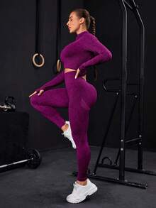 Seamless Zip-Up Tracksuit With Thumb Holes - [Purple] - View 3