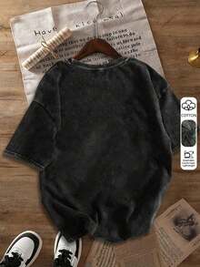 Camiseta de mujer de verano con estampado. Estilo urbano, adecuada para uso casual al aire libre, camiseta de cuello redondo de corte slim, de manga corta, lavada, en color negro clásico. - Negro - Ver 6