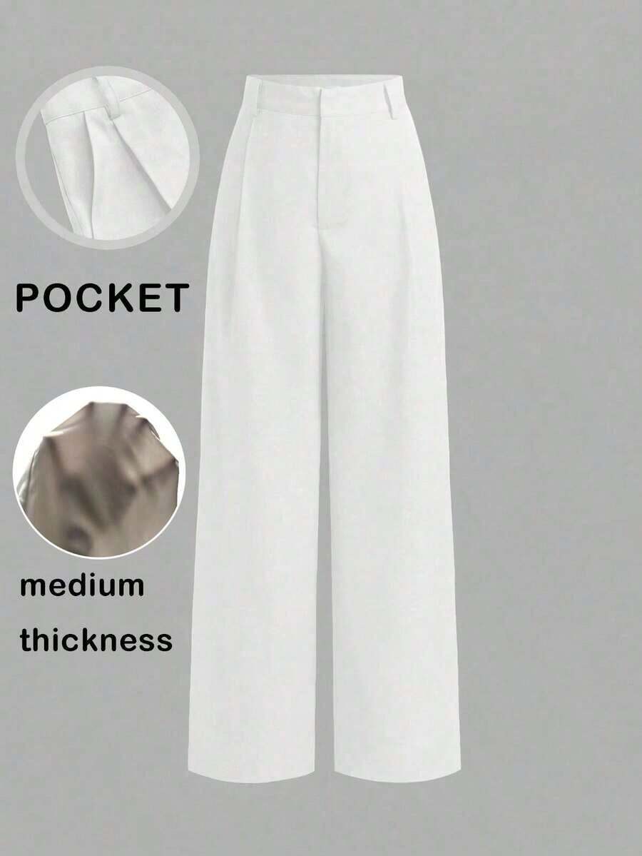 Mono de diseño minimalista Vela Rue con cierre de gancho y cremallera, pantalones anchos de color azul marino sólido semitransparente y ligeros, pantalones anchos de moda para todas las estaciones - Blanco - Ver 1