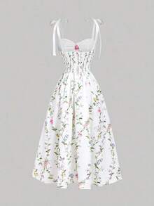 MOD Vestido midi elegante con estampado floral y hombros con lazo, adecuado para vacaciones - Multicolor - Ver 4