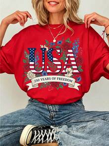 Vintage USA Floral Graphic Print Women's 100% Cotton T-Shirt, EST 1776 Patriotic Retro Tee, Y2K Aesthetic Summer Outfit, 4th Of July Casual Wear, Soft & Breathable Top, Ideal Gift For Her - Đỏ - Xem 1