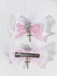 2pcs Gothic Style White Lace Ribbon Hair Clips, Suitable For Holiday Outfits, Daily Wear For Gothic Fashion Enthusiasts,Travel,Birthday - Pink - View 3