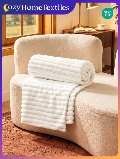 1件法兰绒罗纹毯 - 理想的房间装饰，纯色毛绒毯，超级柔软，可用作床毯和毛巾毯，轻便舒适，柔软易打理，简约长绒毛毯，家用纺织品，白色毯子，多功能毯，适用于沙发、卧室、客厅，可爱毯子，四季皆宜，毯子，通过Oeko-Tex认证
