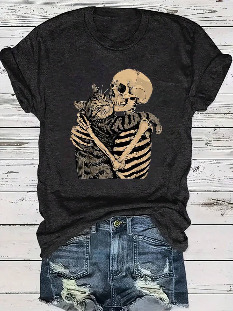 Summer Tops For Women Skull And Cat Pattern Printed T-Shirt - For Cat Lovers, Cat Moms And Dads - Soft And Comfortable Home Casual Round Neck Short Sleeve Top - Women's Clothing - Perfect Choice For Spring And Summer. Loose And Comfortable Mothers Day Outfit Summer Tops For Women Mothers Day Outfit Y2k Clothes Women - 黑灰色 - 查看 1