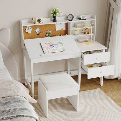 Beaully Kids Study Desk And Chair Set, Wooden Study Table With Tilt Desktop, Hutch, Drawers, Cork Board & Padded Stool - Ergonomic Writing Desk For Boys & Girls Ages 3-8  Years