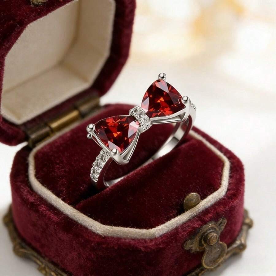 1 pieza Anillo con lazo rojo para mujer, talla 7-10, anillo bohemio y lindo, regalo de San Valentín, cumpleaños, Navidad para ella, de vuelta a la escuela, oficina, joyería de fiesta, anillo delicado y apilable para uso diario - Rojo - Ver 1