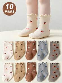 5/10 paires de chaussettes à volants de couleur aléatoire pour bébés filles, chaussettes imprimées de fleurs, cerises et kiwis, chaussettes essentielles d'été, cadeaux de fête pour bébés et enfants - Multicolore - Voir 2