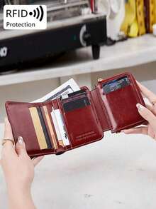 MIYIN Fashionable Retro Women's Short Wallet, Multifunctional Snap Coin Purse & Bill Clip, Zipper Credit Card Holder, Tri-Fold RFID Blocking PU Leather Card Slots With ID Window, Suitable For Women, Girls, Postgraduates, College Students, Young Ladies And Office Ladies For Daily Use (Wine Red) - 勃根地 - 查看 7
