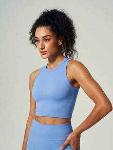 I-Shaped Back Ribbed Crop Top, Seamless Workout Tank Sports - Blue - View 4