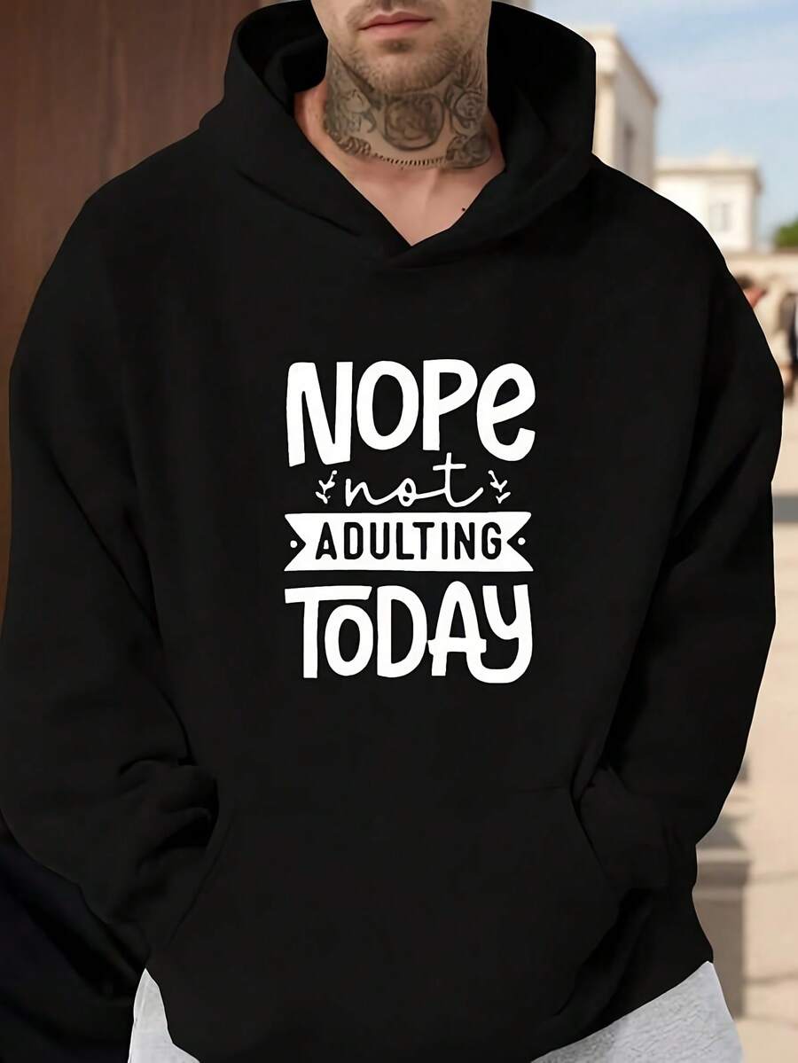 Humorous Texts JPH-9 Men's Oversized Funny "Not Growing Up Today" Graphic Hoodie – Oversized, Relaxed Fit, Casual Pullover, Black With White Print, Machine Washable, Humorous Clothing, Unisex 2026 Couple's Sweater Hoodies - Black - View 1