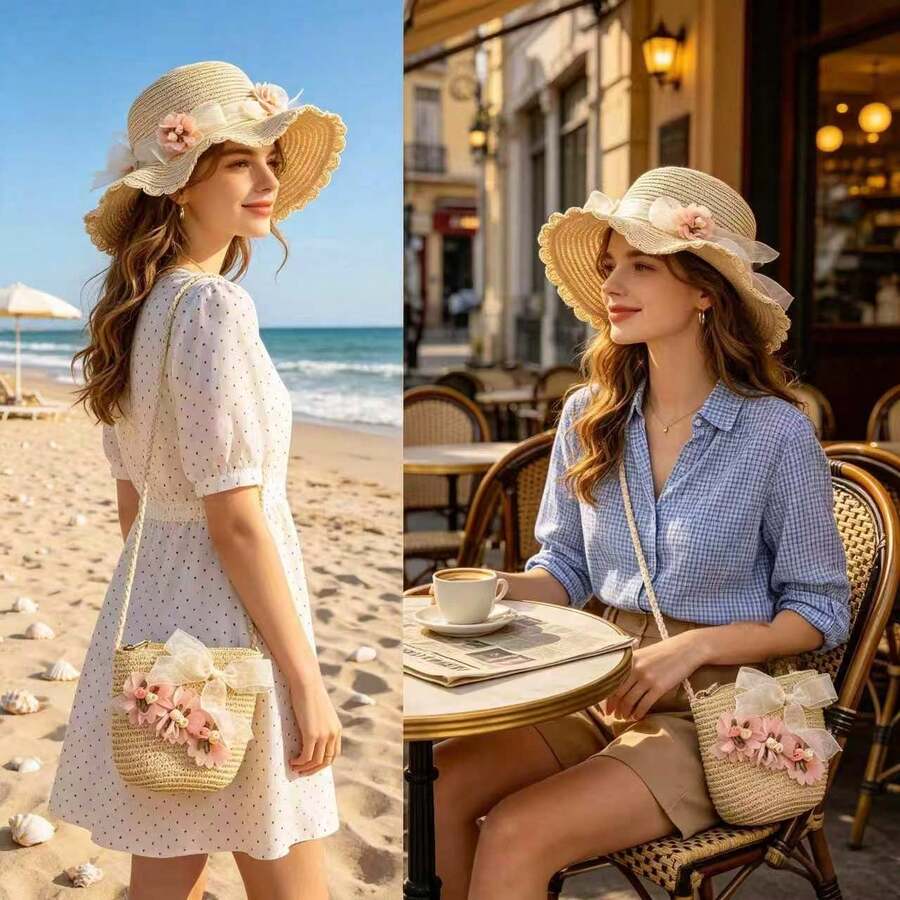 Mũ chống nắng đi biển dáng lượn sóng dành cho nữ, điểm nhấn là ngọc trai giả và nơ, kiểu dáng thanh lịch, thích hợp cho du lịch biển và kỳ nghỉ. - Nhiều màu - Xem 1