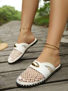 Breathable Mesh Hollow Strap Flat Slide Sandals For Teens, Spring/Summer, Black/White/Brown - White - View 6