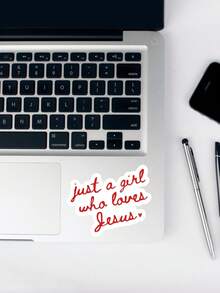 "Just A Girl Who Loves Jesus" Aesthetic Sticker, Cute Christian Faith Decal For Laptop & Kindle, Red Script Typography, Religious Gift For Women & Teens - Multicolor - View 5