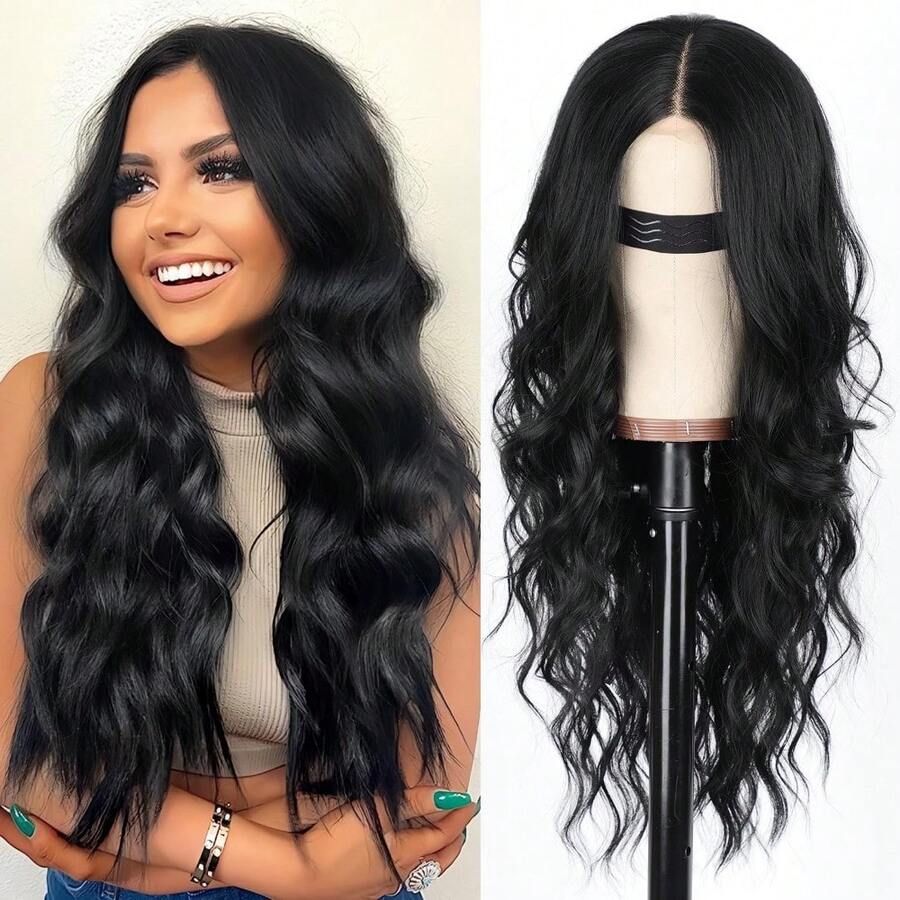 AISI HAIR Black Wig For Women, Long Wavy Lace Hairline Middle Part Synthetic Heat Resistant Wig For Daily Party-26 Inch - 黑色 - 查看 1