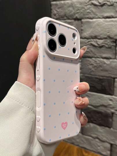 1pc New Korean Ins-Style Heart Edged Pink Base With Blue Polka Dots Phone Case, Suitable For IPhone 17 Pro Max, 16, 15 Pro, 14, 13, 12, 11, Fresh And Elegant, Fashionable And Unique, Minimalist, Full-Covered Anti-Fall Protection