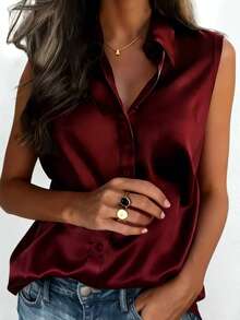 Look Polly 女士酒红色缎面无袖衬衫，翻领单排扣修身休闲上衣，适合办公室和通勤穿着。 - 酒紅色 - 查看 6